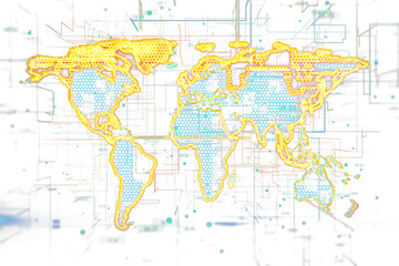 Abstract digital world map with glowing neon outlines and hexagonal patterns, set against a white background, representing global tech concepts. 3D Rendering.