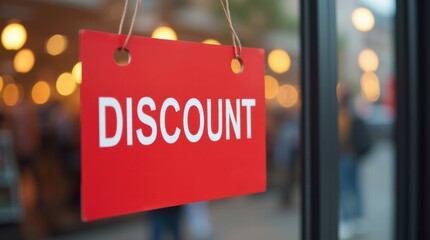 Close-up of a red sales label with the text "DISCOUNT" on the glass door of a store