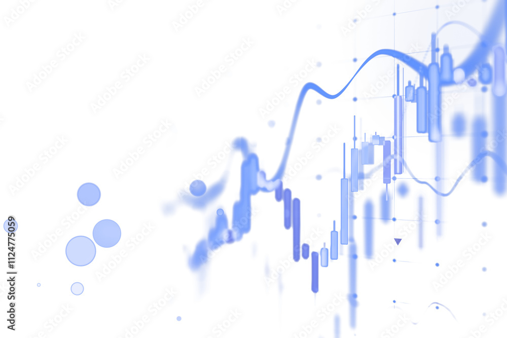 Poster abstract financial candlestick chart with blue glowing lines and dots on a clean white background, i
