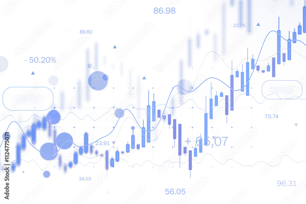Poster forex trading chart with candlestick bars, lines, and data points in blue tones on a white backgroun
