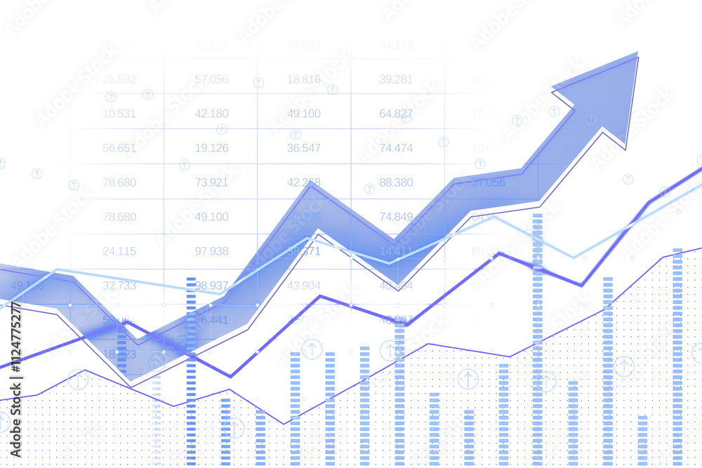 Aufkleber Blue arrow and line chart overlaid on white background, featuring gridlines, data points, and bar charts, representing financial growth and analytics. 3D Rendering.