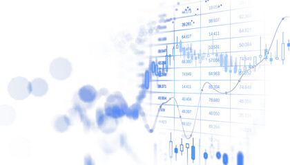 Financial trading chart with blue candlestick graph, numerical data, and upward trend lines on a white background. Concept of market growth. 3D Rendering.