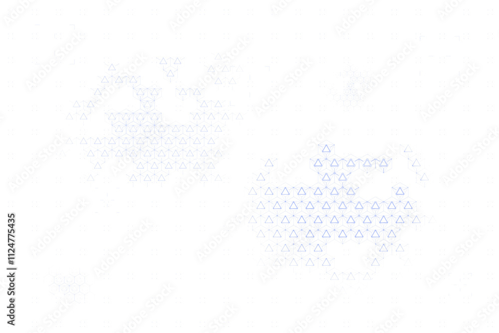 Poster Digital geometric design featuring blue triangular patterns on a clean white background, creating a modern tech and virtual concept. 3D Rendering.