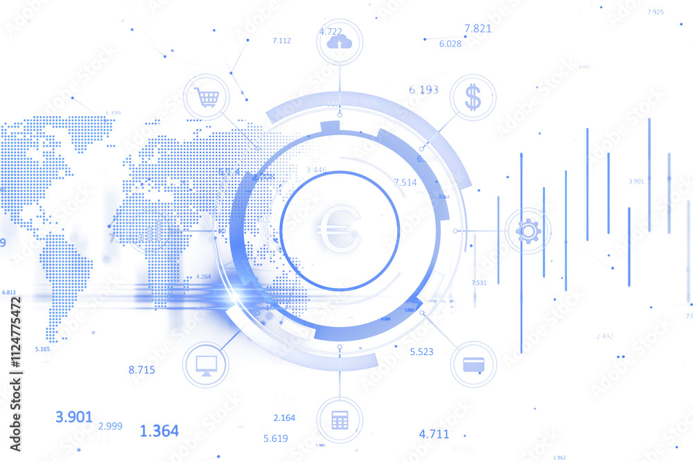 Aufkleber Digital world map with currency symbol, data analytics, and futuristic dashboard elements in blue on a white background, tech concept. 3D Rendering.