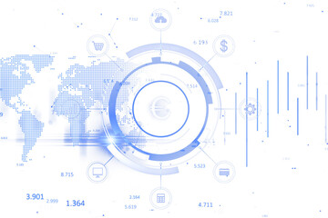 Digital world map with currency symbol, data analytics, and futuristic dashboard elements in blue on a white background, tech concept. 3D Rendering. © Who is Danny