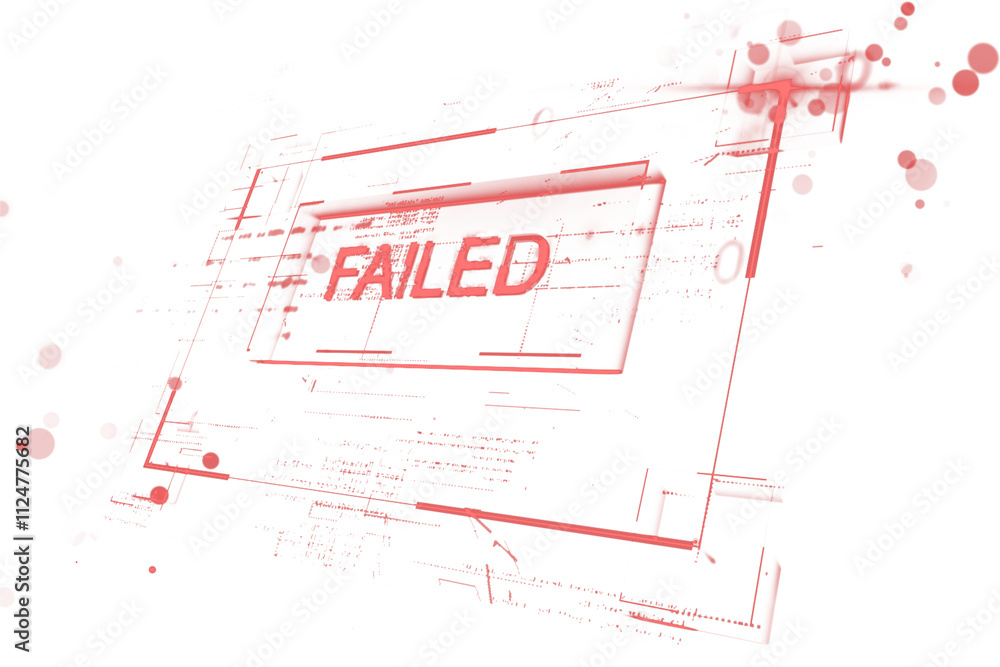 Poster Red FAILED text with abstract digital glitch effect, holographic style, isolated on white background, concept of virtual error screen. 3D Rendering.