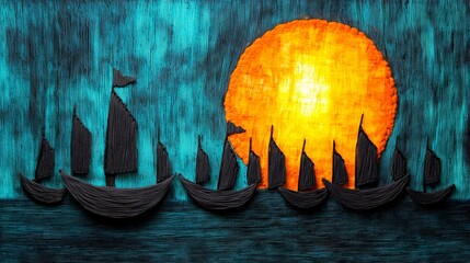 Sunset Sailboats Seascape Art Textile Artwork Orange Sun Teal Ocean Boats Crafts