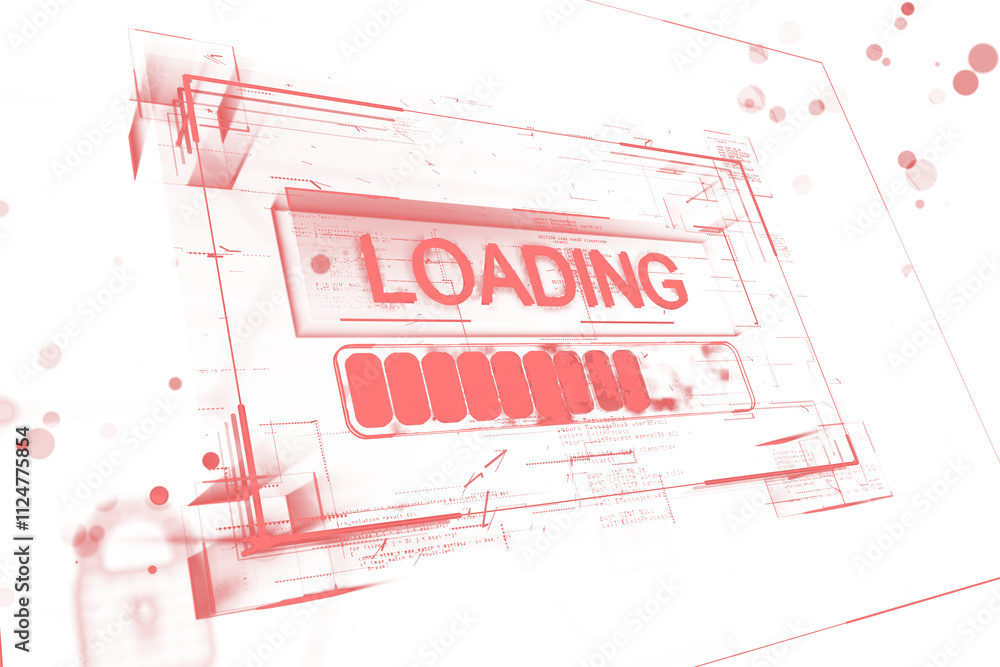 Poster Loading bar with text in a futuristic red digital interface style, displayed on a clean white background. Concept of digital progress. 3D Rendering.