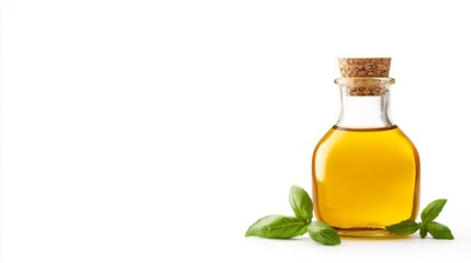 Elegant glass bottle of golden oil with a cork stopper surrounded by fresh green basil leaves on a clean white background for culinary or health themes