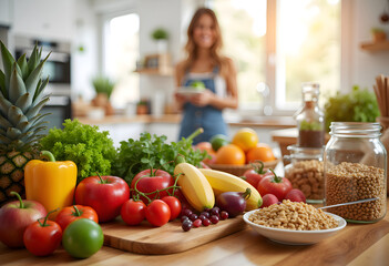 A woman prepares a meal in a bright kitchen surrounded by fresh produce.The counter is filled with an assortment of vibrant fruits, vegetables, and nuts.