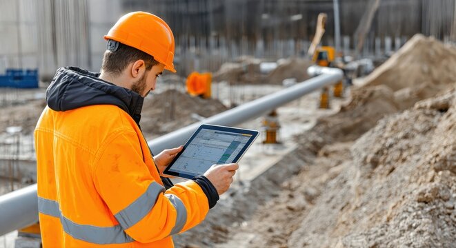 A construction worker in an orange safety uniform uses a tablet on a job site surrounded by machinery and piles of dirt.