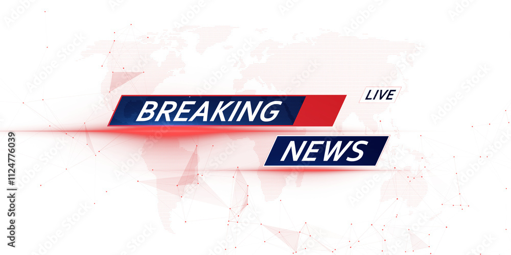 Poster breaking news layout with red and blue banners, text live, abstract digital map, white background, m