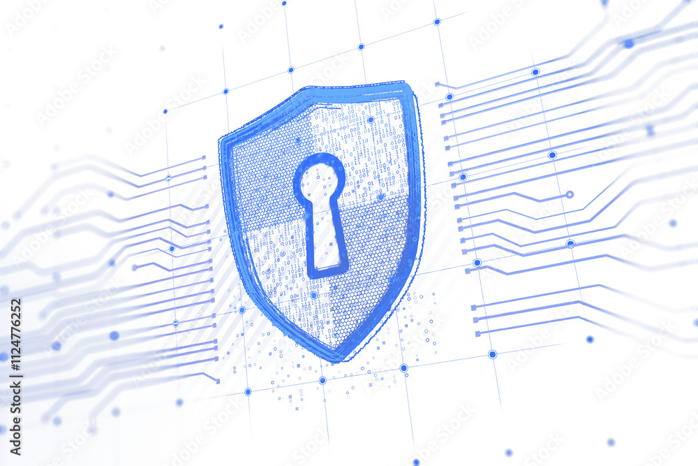 Poster Blue shield with lock icon and circuit lines on white background, symbolizing digital protection and cybersecurity. 3D Rendering