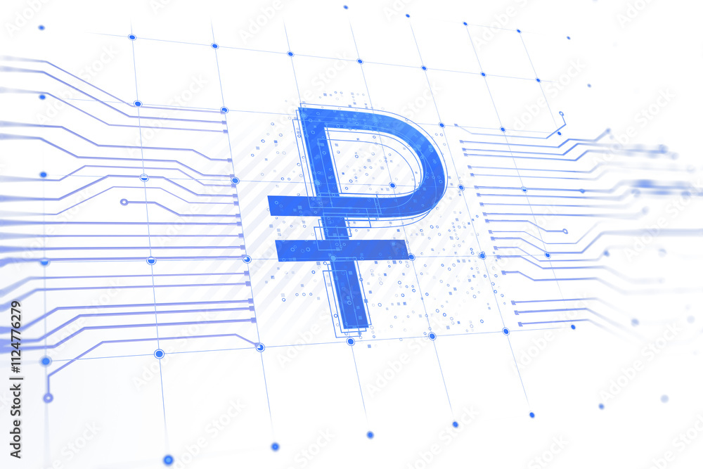 Poster digital ruble currency icon with blue tech circuit lines, holographic style, on a clean white backgr