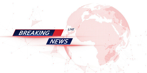 Digital breaking news banner featuring a red dotted globe, headline text, and live indicator on a clean white background, tech concept. 3D Rendering.