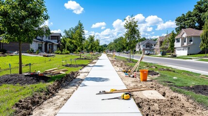 A clear sidewalk is under construction in a suburban area, surrounded by greenery, tools, and partially landscaped yards under a bright blue sky.