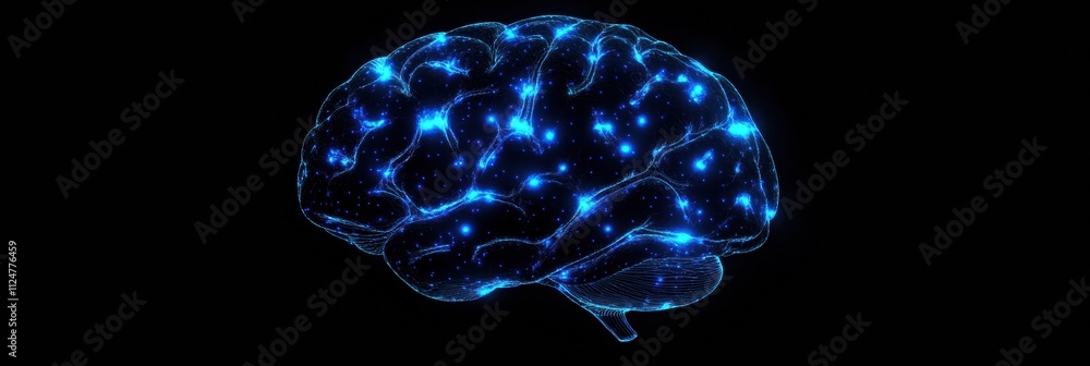 Poster Neural pathways glow blue, illustrating the brain's complex structure and the potential for cognitive processes and connections. Generative AI