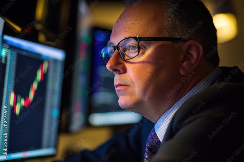 Poster trader at computer screens financial charts stock market analytics focused concentration