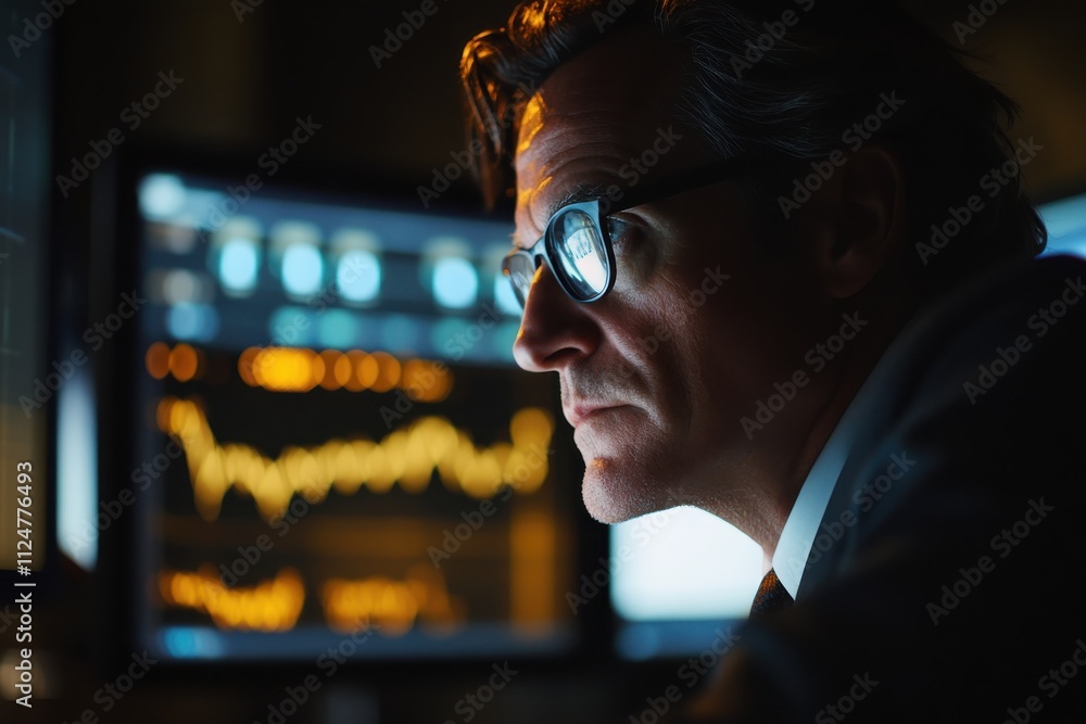 Poster trader at computer screens financial charts stock market analytics focused concentration