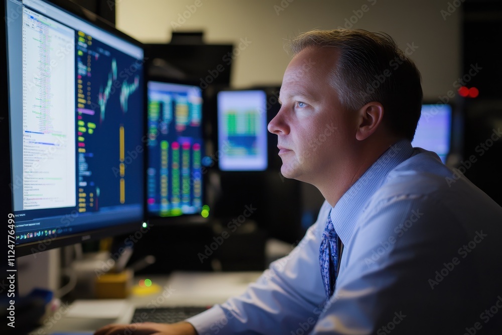 Aufkleber trader at computer screens financial charts stock market analytics focused concentration