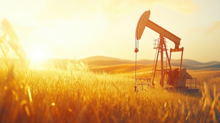 Oil Pump Jack in Open Field at Sunset