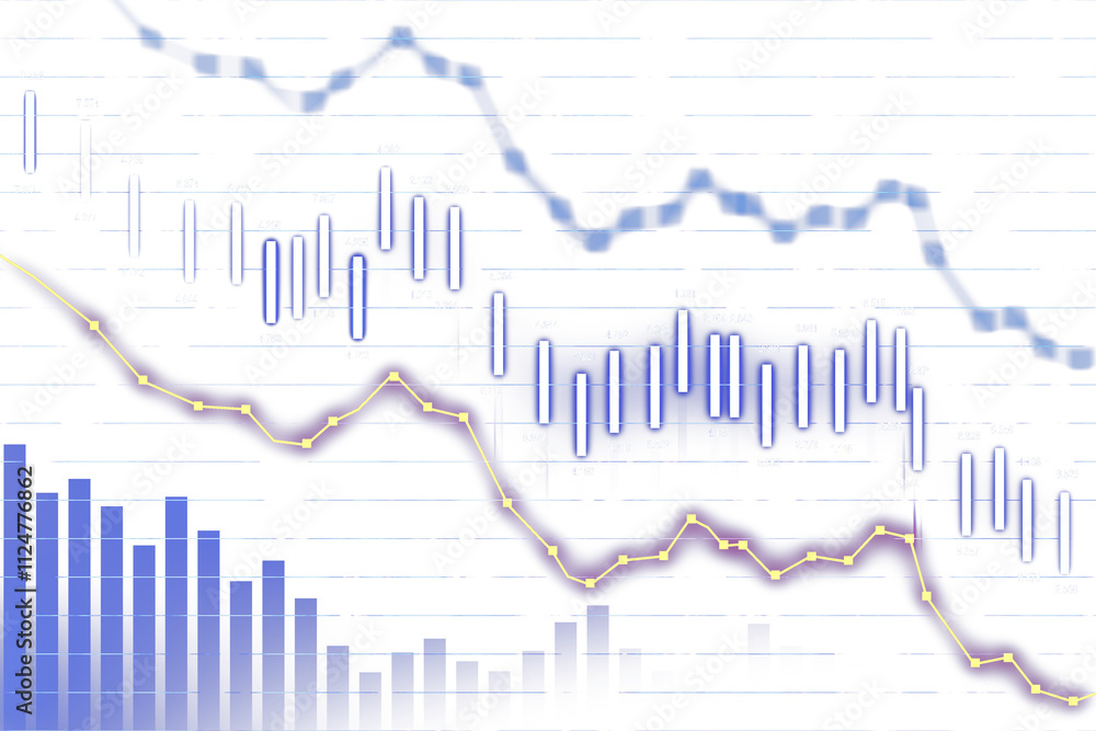 Poster abstract financial crisis graph with neon blue and yellow lines, bar charts, and candlestick pattern