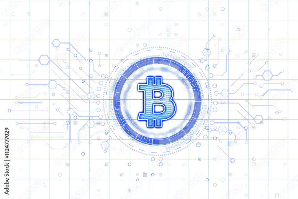 Aufkleber Bitcoin symbol in neon style with digital blockchain circuit lines, white background, grid layout, modern tech and cryptocurrency concept. 3D Rendering.
