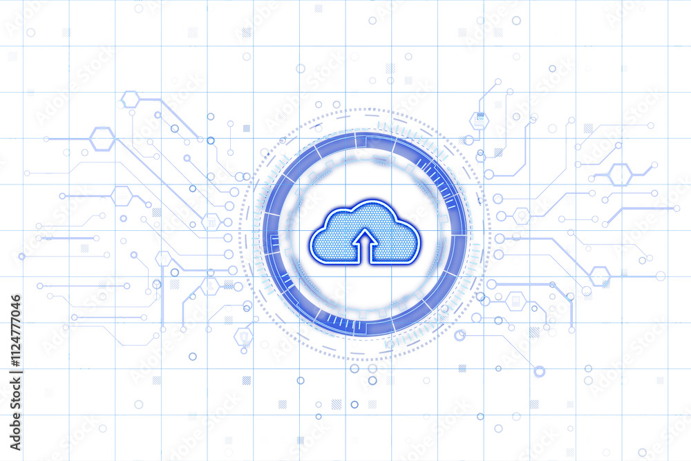 Poster Cloud computing icon surrounded by blue tech lines and digital patterns, holographic style, white grid background, concept of data networks. 3D Rendering.