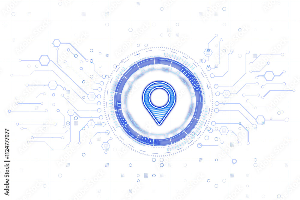 Aufkleber Geolocation icon in neon blue style, surrounded by circuit lines, futuristic tech layout on white background. Concept of virtual navigation. 3D Rendering.
