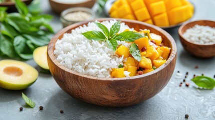 Fresh Mango Salad with Rice and Herbs in Wooden Bowl