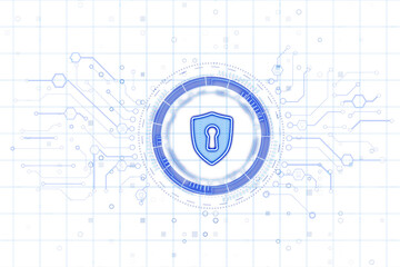 Obraz premium Shield with keyhole in futuristic digital style on white background, surrounded by tech lines and nodes, symbolizing cyber protection. 3D Rendering.