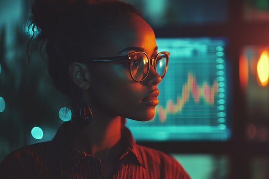 woman analyzing data multiple screens financial graphs office setting professional attire