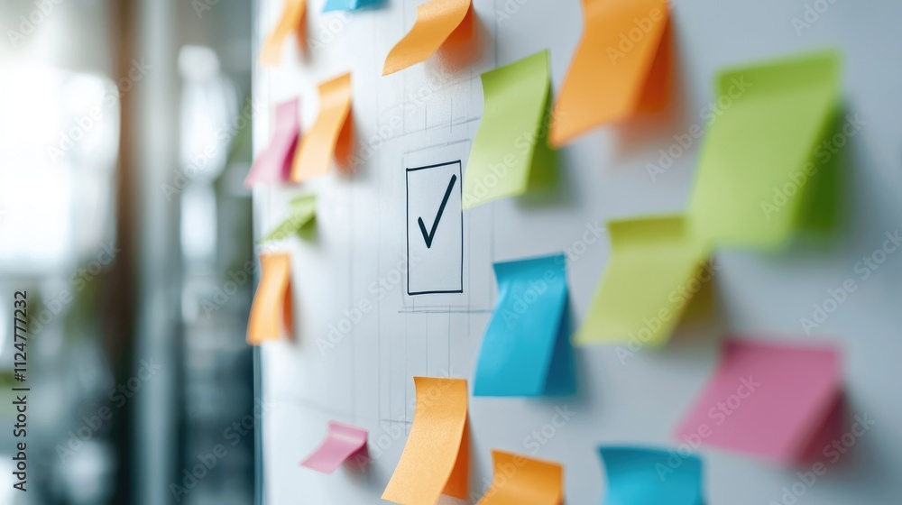 Poster colorful sticky notes on board with check mark symbol