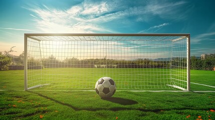 A vibrant scene of a soccer field with goalposts and a ball in the center, ready for a game.
