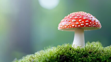 Vibrant Red Mushroom on Green Mossy Background