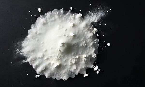 A pile of white powder with scattered tablets on a dark surface.