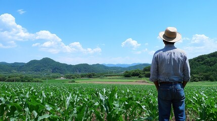 Fototapeta premium とうもろこし畑と農家のアジア人男性01