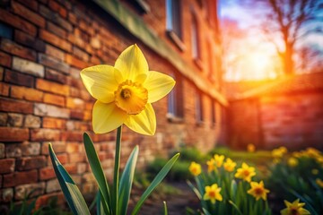 Beautiful Yellow Daffodil Blooming Against a Warm Brown Brick Wall in a Sunlit Garden During Spring Mornings, Showcasing Nature's Vibrant Colors and Serenity