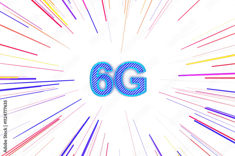 Poster Blue neon 6G text in a clean digital style, surrounded by colorful radial lines on a white background, representing innovation and technology. 3D Rendering.