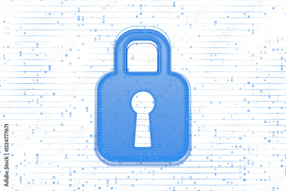 Leinwandbilder Blue lock with hexagonal patterns over a digital backdrop of binary-style elements, symbolizing cybersecurity and data protection. 3D Rendering.