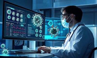 A scientist analyzes data on a computer regarding viruses and health metrics. - Powered by Adobe