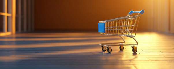 shopping cart stands alone in sunlit space, symbolizing rising prices and inflation