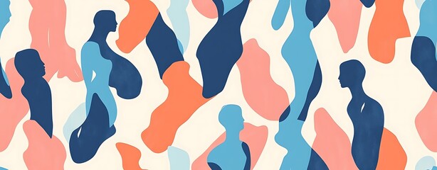 international womens day , seamless pattern of abstract diverse women faces shapes in shades of blue, pink, and orange