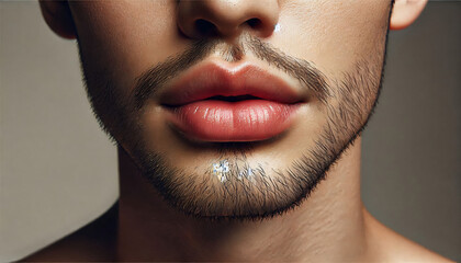 Close-up of a human mouth with natural lip texture and subtle lighting on a neutral background, showcasing details for medical or cosmetic purposes.