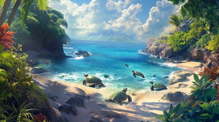 A vibrant scene of a tropical beach with sea turtles making their way to the ocean.