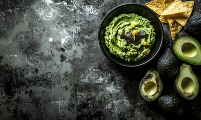 Guacamole sauce in a bowl with tortillas chips on rustic background