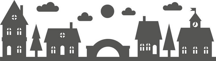 Neighborhood houses silhouettes. Skyline with small cute buildings. Christmas village homes. Winter rural street. Landscape city scene