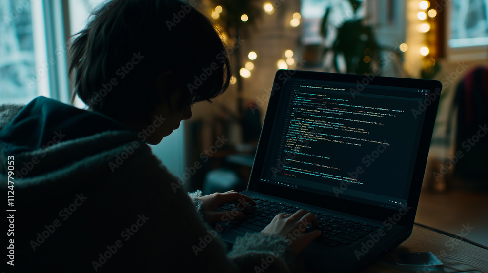 Poster woman, coding and laptop in home office with plants for software development, programming or remote 