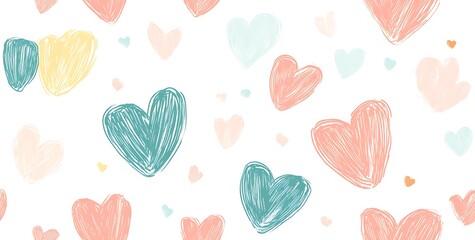 A seamless pattern of cute doodle hearts in pastel colors