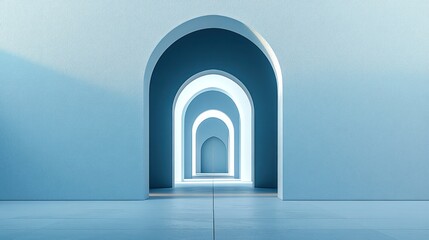 Fototapeta premium Abstract blue arched hallway leading to light.